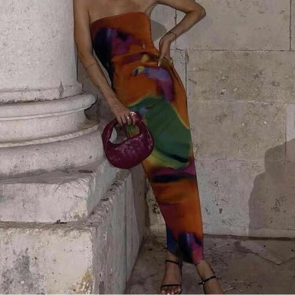 commense Tulle Printed Mesh Strapless Tube Midi Dress